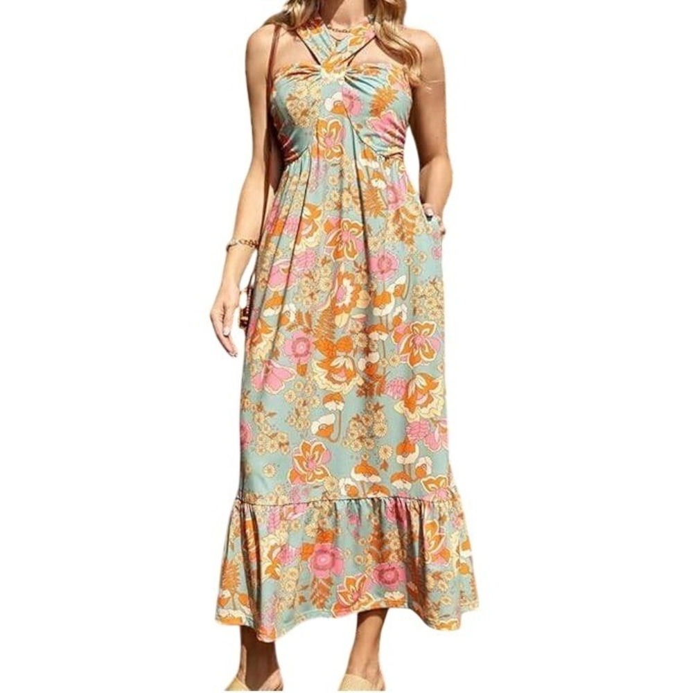 Grace Karin Floral Printed Halter Neck Ruched Bodice Tiered Maxi Dress Sz Large